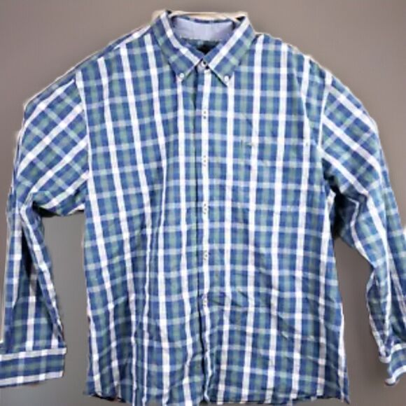 Tommy Bahama Shirt Mens XL Blue Green Plaid Hidden Collar Buttons Pima Cotton - Picture 1 of 8